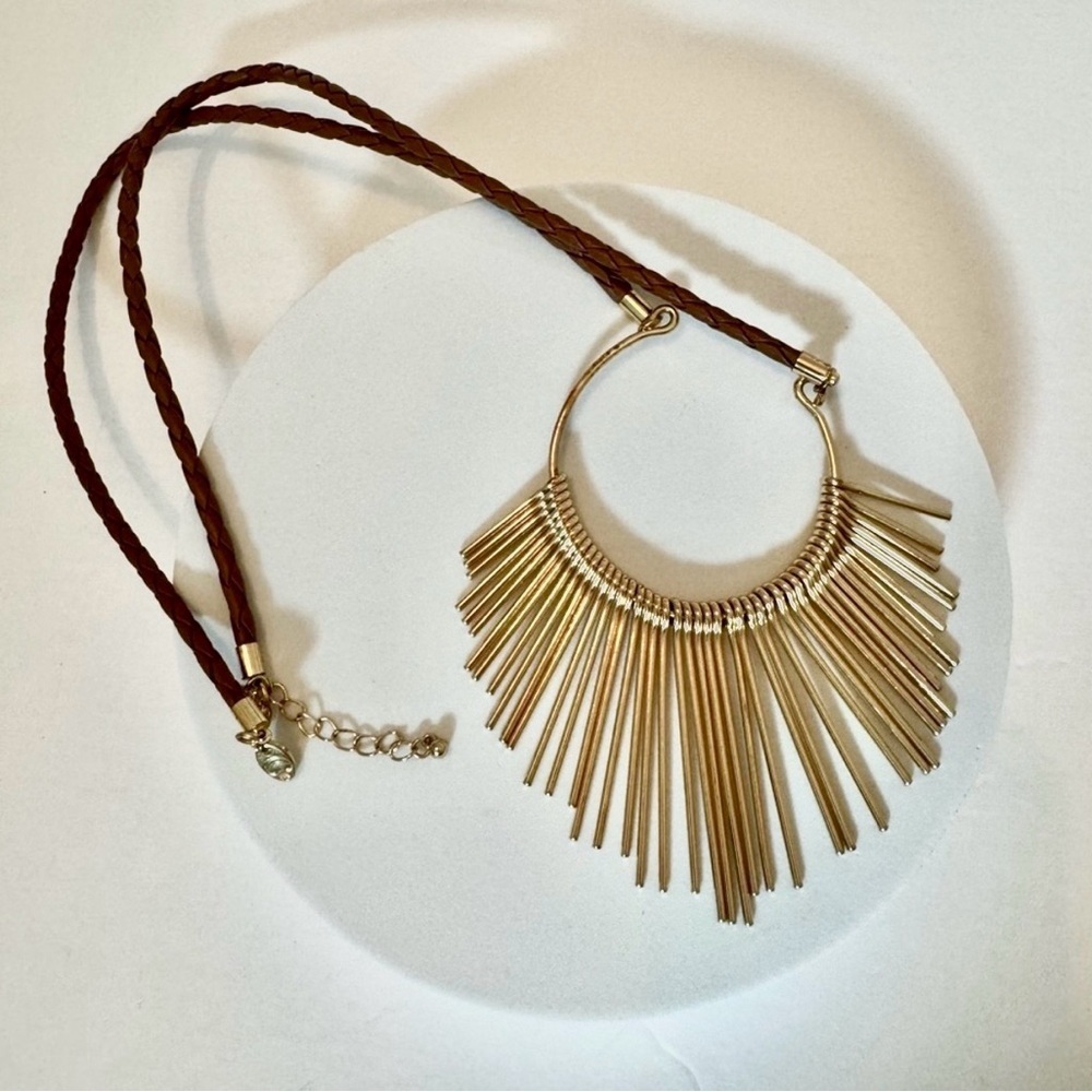 Boho Gold Fringe Statement Necklace Brown Braided Cord Festival Jewelry